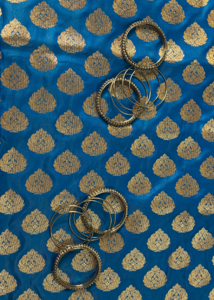 banarasi blue silk blend saree with golden zari motifs & pallu