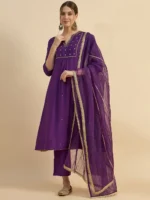 embroidered flared kurta with palazzo & dupatta set